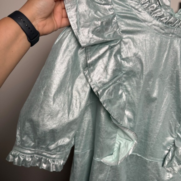 ASOS DESIGN Curve denim metallic dress with high neck and frill detail - Picture 7 of 12